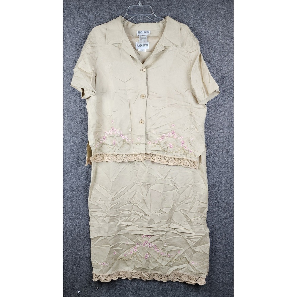 Plaza South Dress Set Womens 16 Tan Linen Blend Floral Embroidery Lace 2 Piece